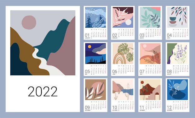 Modèle de calendrier pour 2022. Conception verticale avec des motifs naturels abstraits. Illustration modifiable, ensemble de 12 mois avec une couverture. Maillage vectoriel. La semaine commence le lundi