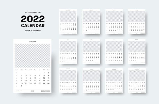 Modèle De Calendrier Pour 2022 Avec Une Place Pour Une Photo, Planificateur Vertical Dans Un Style Minimaliste, Les Semaines De L'année Sont Indiquées, Sur Fond Blanc. Illustration De Couverture Vectorielle, Pour Chaque Mois