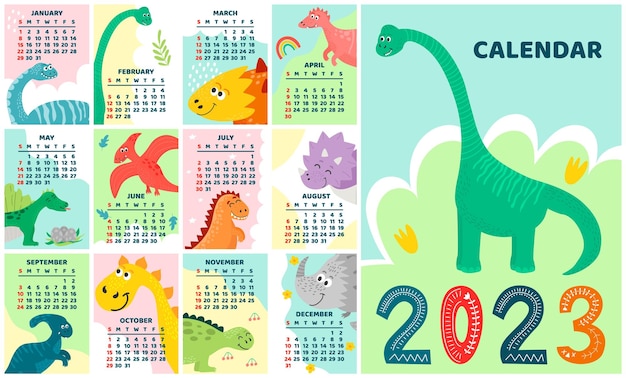 Vecteur modèle de calendrier pour enfants pour 2023 conception verticale lumineuse avec des dinosaures mignons abstraits dans un style plat ensemble d'illustrations vectorielles modifiables de 12 mois avec couverture la semaine commence le dimanche