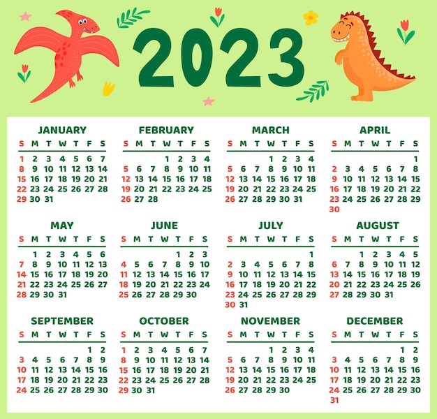 Modèle De Calendrier Pour Enfants Pour L'année 2023 Design Lumineux Avec Des Dinosaures Abstraits Dans Un Style Plat Ensemble D'illustrations Vectorielles Modifiables De 12 Mois Avec Couverture La Semaine Commence Le Dimanche