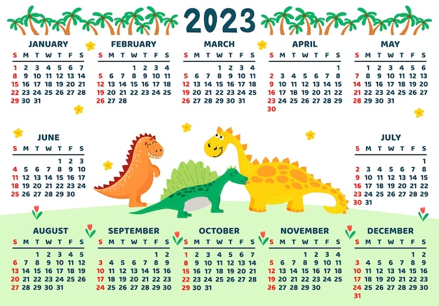 Modèle De Calendrier Pour Enfants Pour Un Design Horizontal Lumineux Avec Des Dinosaures Abstraits Dans Un Style Plat Edi