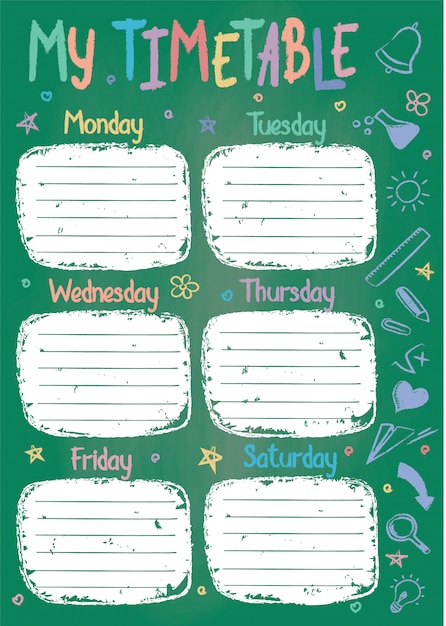 Vecteur modèle de calendrier scolaire à bord de la craie avec texte de craie de couleur manuscrite. calendrier des cours hebdomadaires dans un style sommaire décoré de gribouillis scolaires dessinés à la main sur tableau vert.