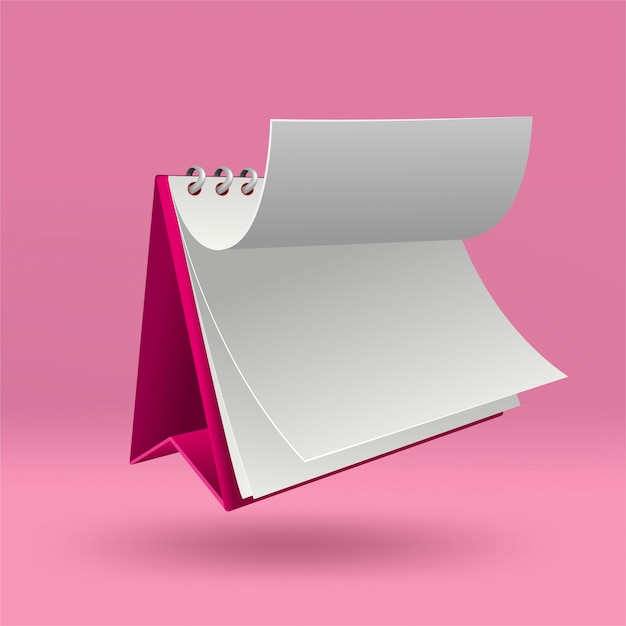 Modèle de calendrier vierge 3D avec couvercle ouvert sur rose avec des ombres douces.