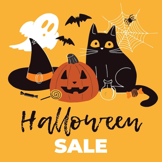 Vecteur modèle carré de vente d'halloween avec dessin animé mignon citrouille chat chapeau de sorcière chauves-souris fantômes potion de bonbons