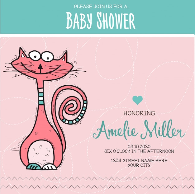 Vecteur modèle de carte de douche de bébé avec chat drôle doodle