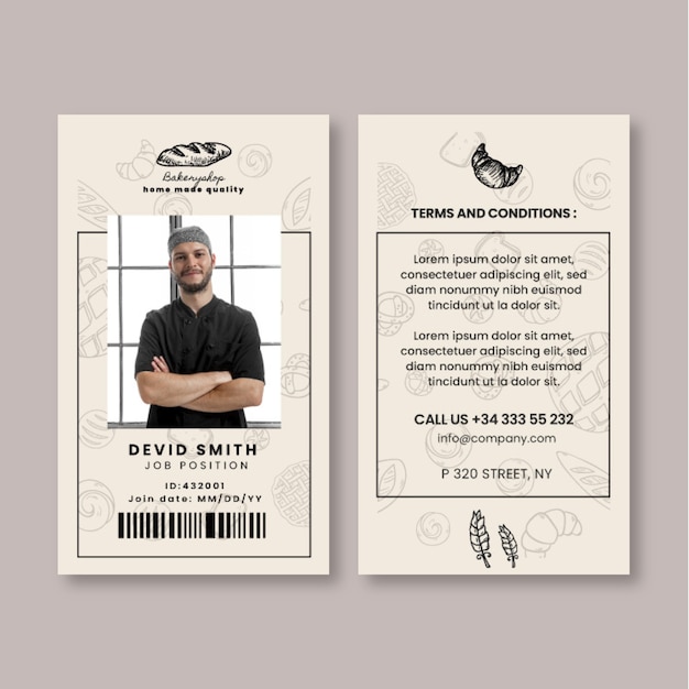 Vecteur modèle de carte d'identité de boulangerie dessiné à la main