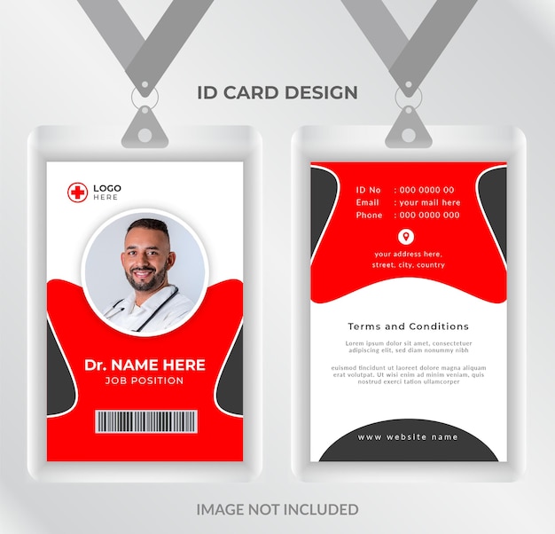 Vecteur modèle de carte d'identité de médecin professionnel moderne de soins de santé avec design plat