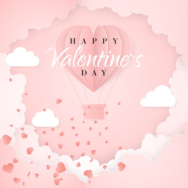 Modèle de carte d'invitation Happy Valentines day avec ballon à air chaud en papier origami en forme de coeur, nuages blancs et confettis. Fond rose.
