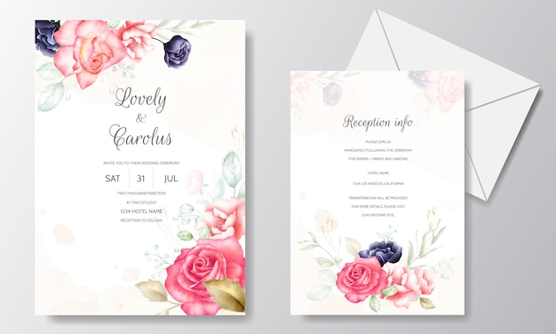 Modèle De Carte D'invitation De Mariage Aquarelle Avec Un Cadre De Fleurs Et De Feuilles