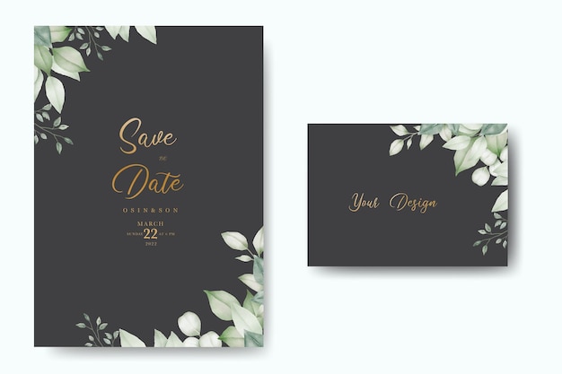 Vecteur modèle de carte d'invitation de mariage aquarelle feuilles vertes