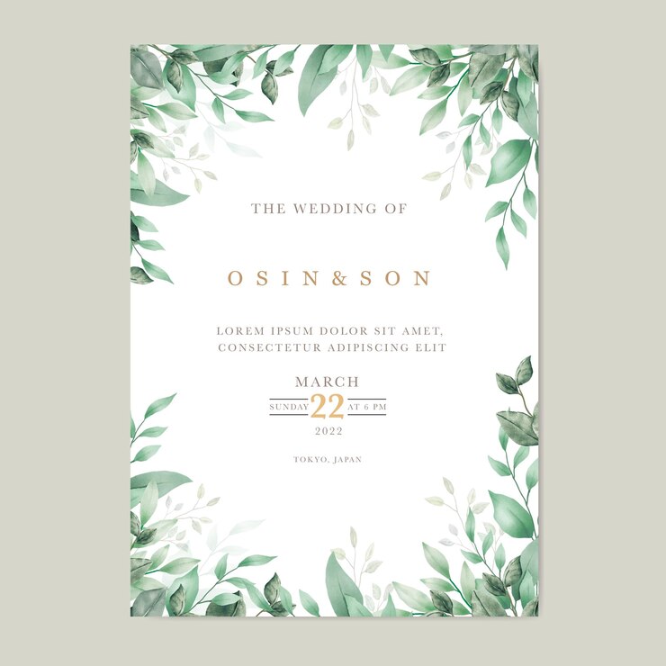 Vecteur modèle de carte d'invitation de mariage aquarelle feuilles vertes
