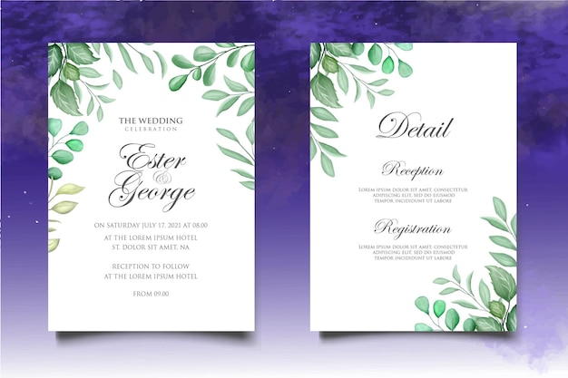 Modèle de carte invitation de mariage aquarelle floral et feuilles
