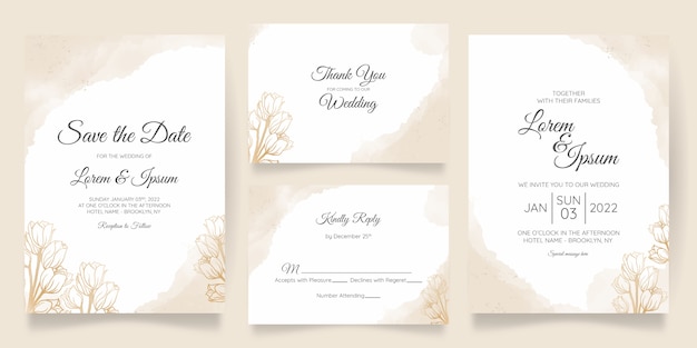 Modèle de carte d'invitation de mariage aquarelle sertie de décoration florale dorée