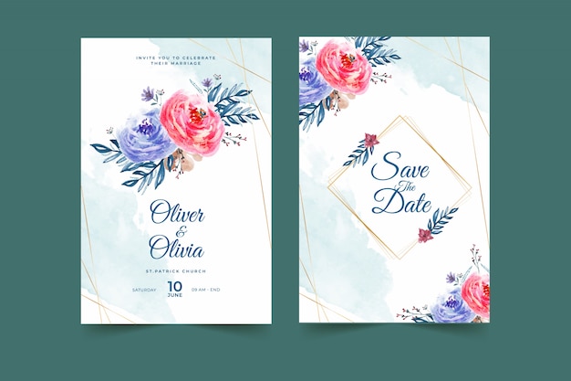 Modèle De Carte D'invitation De Mariage Beau Cadre Floral Bleu Et Rouge