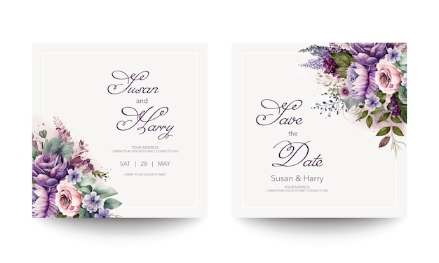 Modèle de carte d'invitation de mariage avec un beau cadre floral. Enregistrez la date invitez les cartes modernes.