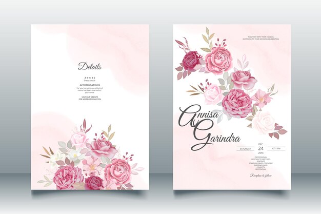 Modèle De Carte D'invitation De Mariage Beau Cadre Floral Rose Romantique Vecteur Premium