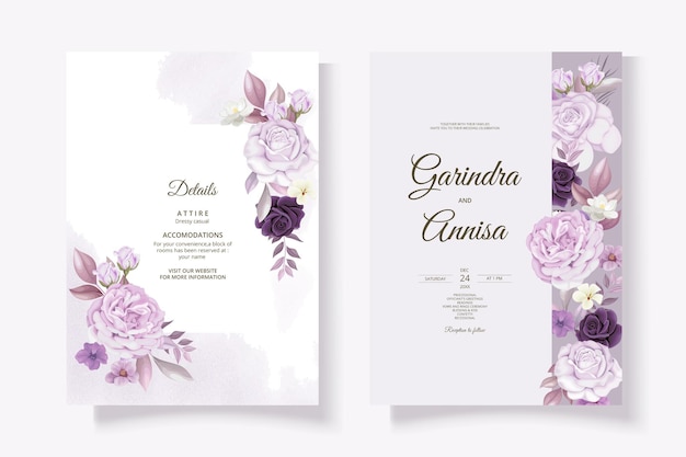 Modèle De Carte D'invitation De Mariage Beau Cadre Floral Violet Vecteur Premium