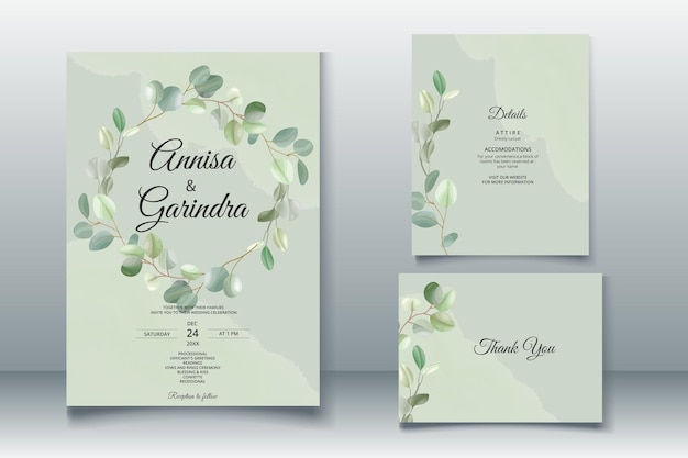 Vecteur modèle de carte d'invitation de mariage de belles feuilles d'eucalyptus vecteur premium