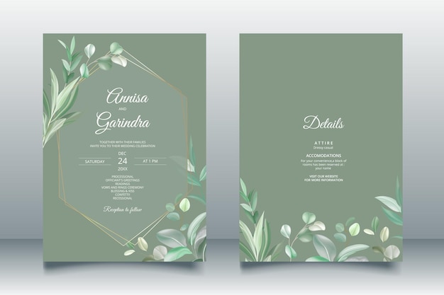 Modèle De Carte D'invitation De Mariage De Belles Feuilles Vert Sauge Vecteur Premium