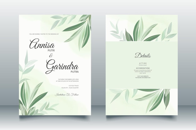 Vecteur modèle de carte d'invitation de mariage de belles feuilles vert sauge vecteur premium