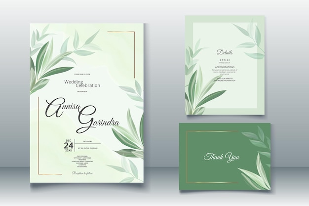 Modèle De Carte D'invitation De Mariage De Belles Feuilles Vert Sauge Vecteur Premium