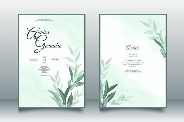 Modèle De Carte D'invitation De Mariage De Belles Feuilles Vert Sauge Vecteur Premium