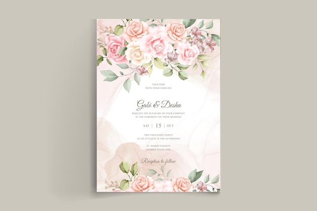 Modèle de carte d'invitation de mariage avec de belles roses aquarelles