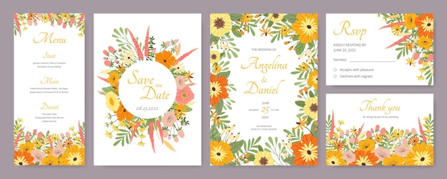 Modèle De Carte D'invitation De Mariage Botanique Avec Des Fleurs Et Des Feuilles. Menu Floral, Rsvp Ou Enregistrez Les Cartes De Date Avec Un Ensemble De Vecteurs De Fleurs Sauvages. Plantes Printanières Décoratives Avec Fleur à Imprimer