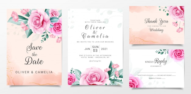 Modèle De Carte D'invitation De Mariage élégant Avec Des Arrangements De Fleurs Aquarelles