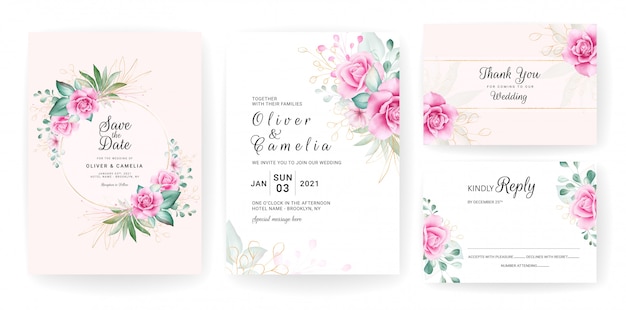 Modèle De Carte D'invitation De Mariage Feuillage Sertie De Compositions Florales Aquarelles Et Bordure.