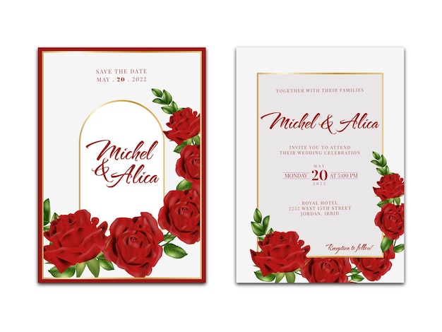 Vecteur modèle de carte d'invitation de mariage avec des fleurs roses rouges