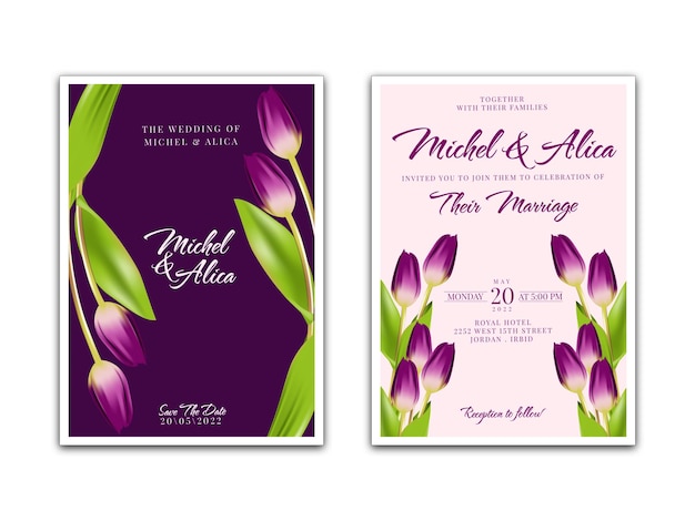 Modèle de carte d'invitation de mariage avec des fleurs de tulipes réalistes