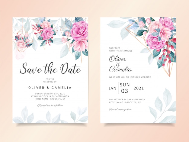 Modèle De Carte D'invitation De Mariage Floral Aquarelle Géométrique