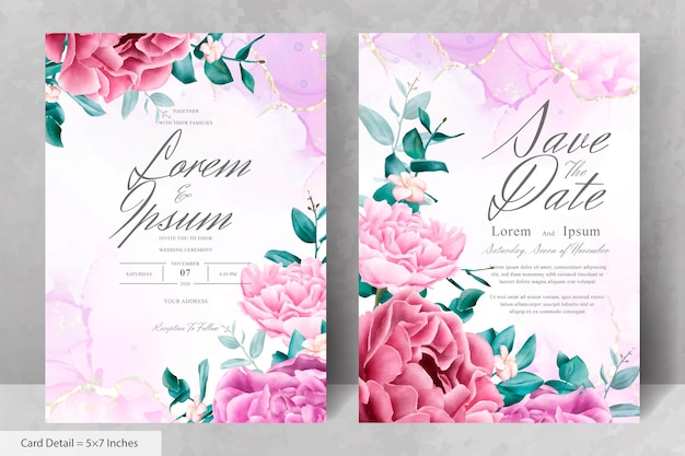 Modèle De Carte D'invitation De Mariage Floral Aquarelle Réaliste Avec Fleur Et Feuilles Dessinées à La Main