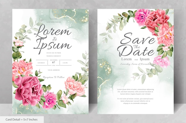 Modèle De Carte D'invitation De Mariage Floral Aquarelle Réaliste Avec Fleur Et Feuilles Dessinées à La Main