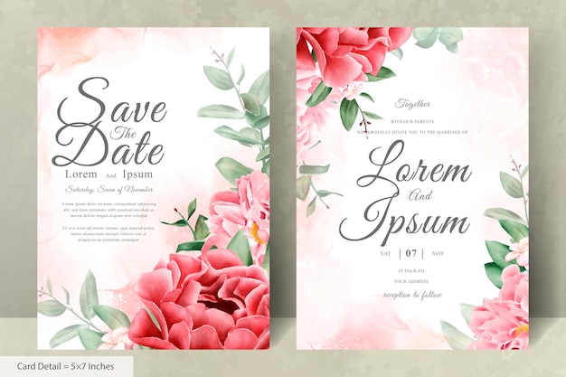 Modèle De Carte D'invitation De Mariage Floral Aquarelle Réaliste Avec Fleur Et Feuilles Dessinées à La Main