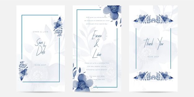 Modèle De Carte D'invitation De Mariage Floral Aquarelle Réaliste Avec Fleur Et Feuilles Dessinées à La Main