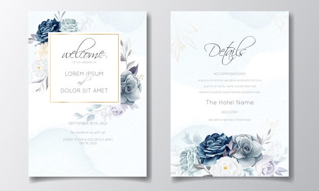 Modèle de carte d'invitation de mariage floral bleu marine avec des feuilles d'or et aquarelle