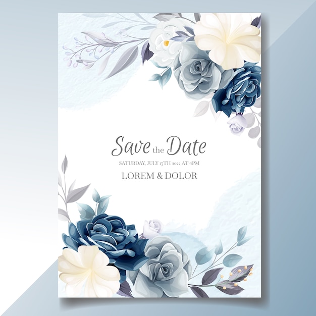 Modèle De Carte D'invitation De Mariage Floral Bleu Marine Avec Des Feuilles D'or Et Aquarelle