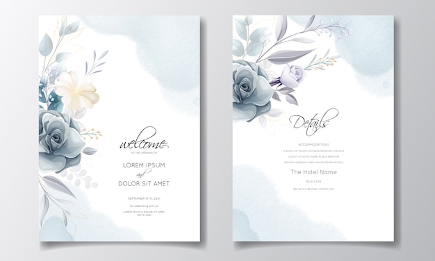 Modèle de carte d'invitation de mariage floral bleu marine avec des feuilles d'or et aquarelle