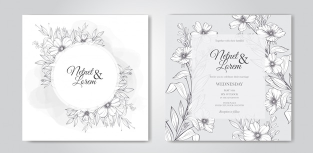 Vecteur modèle de carte d'invitation de mariage floral lineart