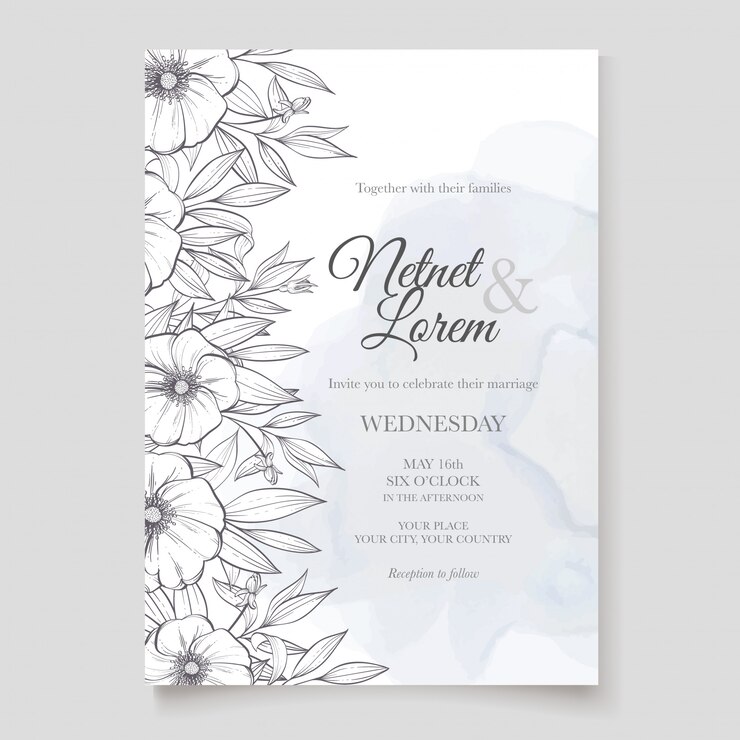 modèle de carte d'invitation de mariage floral lineart