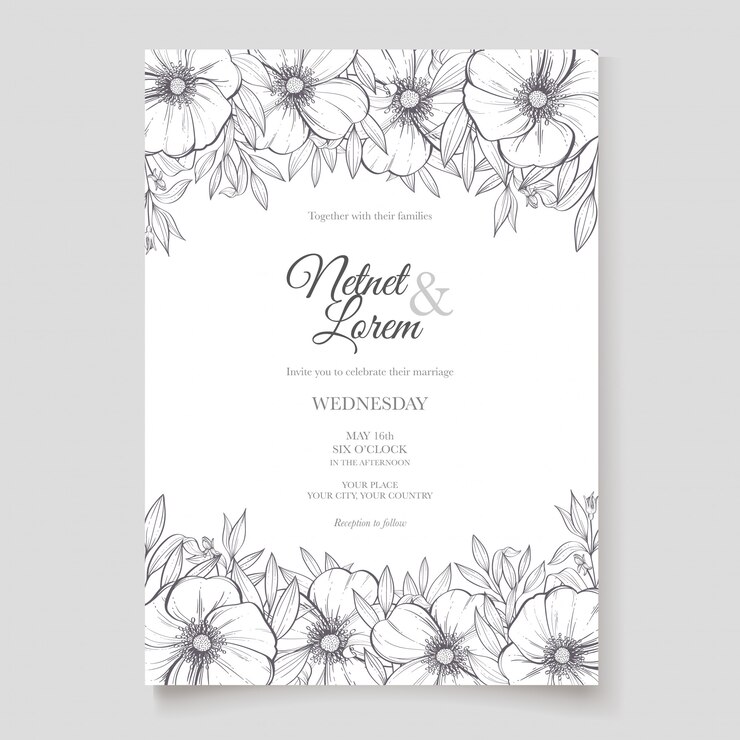 modèle de carte d'invitation de mariage floral lineart
