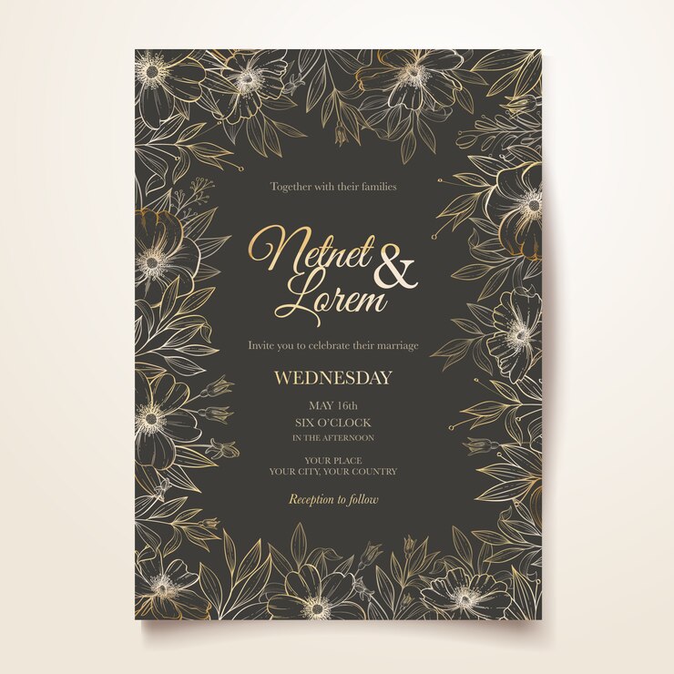 modèle de carte d'invitation de mariage floral lineart