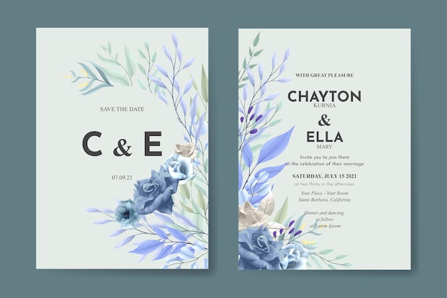 Modèle de carte d'invitation de mariage floral rose bleu élégant