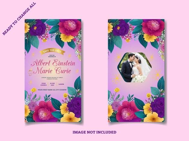 Modèle de carte d'invitation de mariage florale colorée vectorielle A4 taille 8K qualité HD