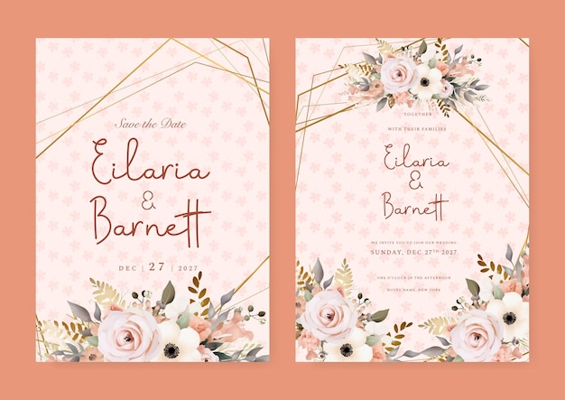 Vecteur modèle de carte d'invitation de mariage florale rose et beige et pavot avec décoration de cadre de fleurs