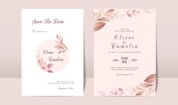 Modèle de carte d'invitation de mariage avec fond floral et aquarelle doux