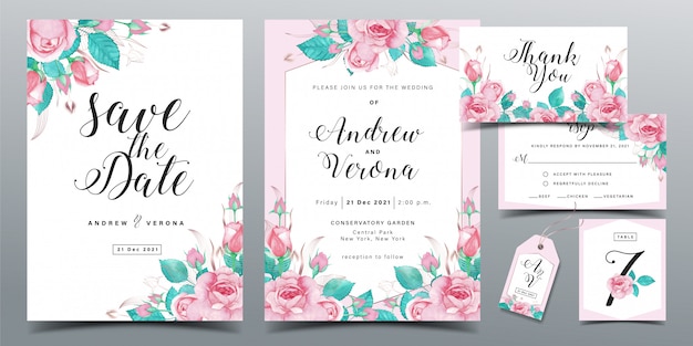 Modèle De Carte Invitation De Mariage Magnifique Dans Le Thème De Couleur Rose Tendre Avec Décoration Aquarelle De Roses Roses