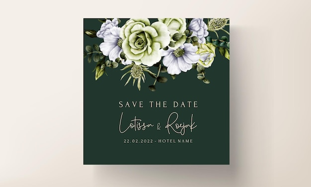 Vecteur modèle de carte d'invitation de mariage magnifique avec des roses blanches et vertes